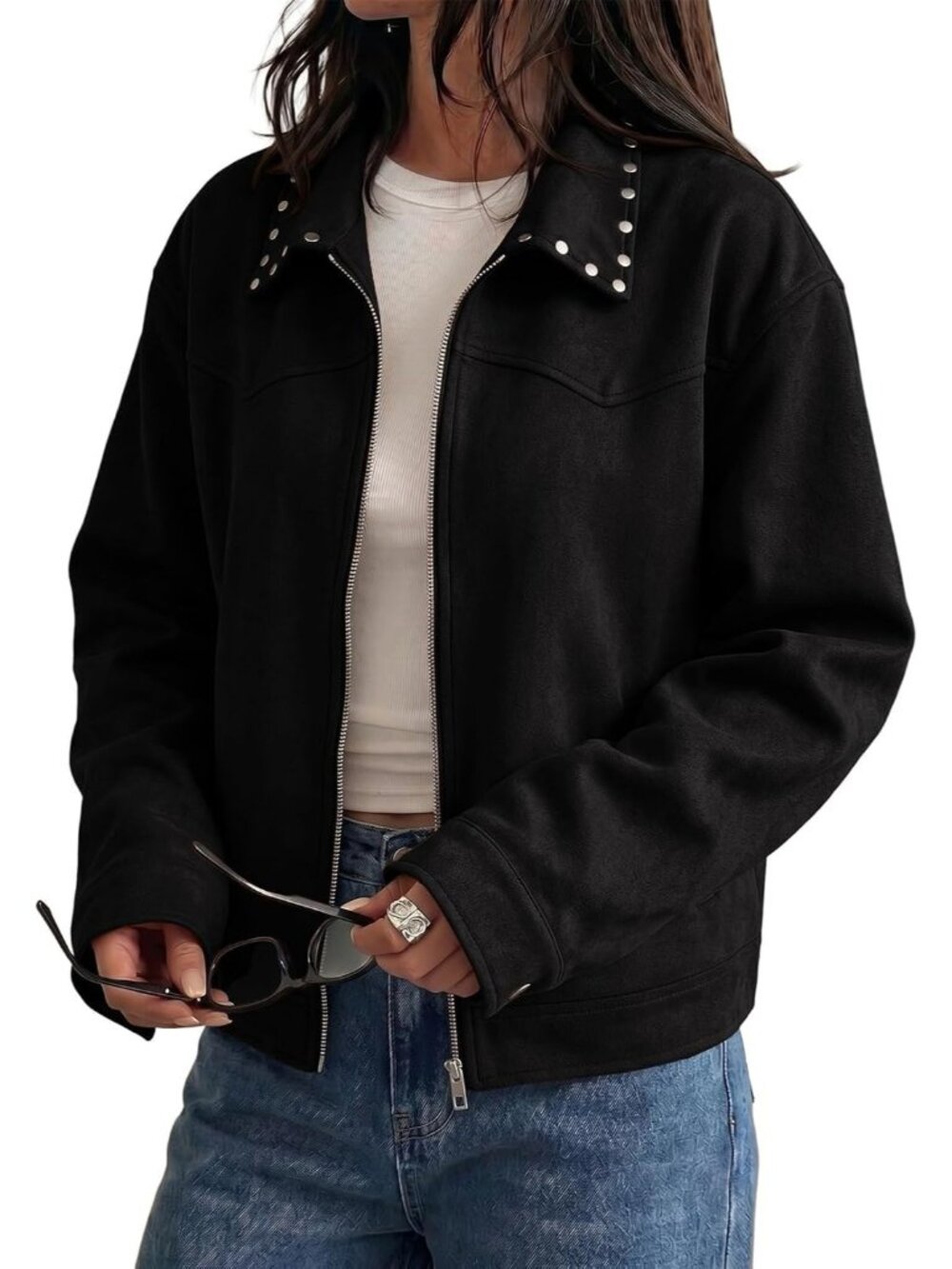 Women’s Black Long Sleeve Faux Suede Studded Zipper Fall Coat Cropped Jacket